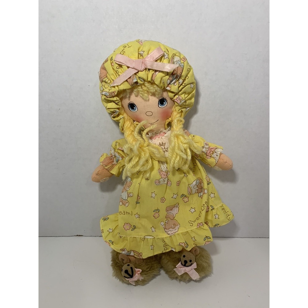 Teddy Beddy Bye Amtoy vintage yellow rag doll bear slippers nightgown 1980 plush